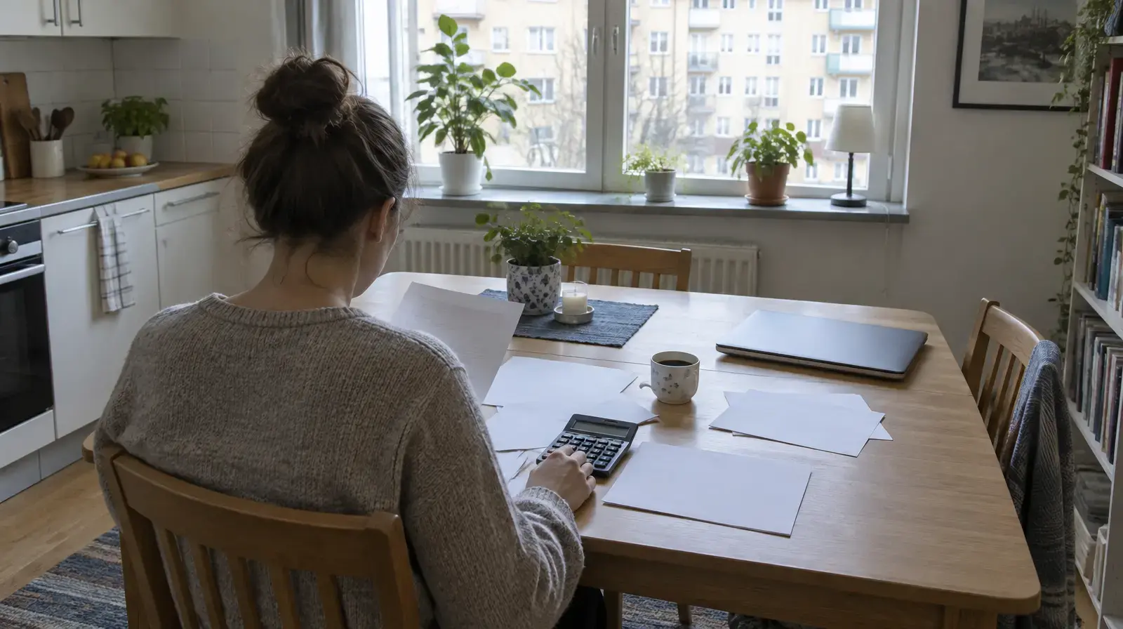 En person vid köksbordet går igenom räkningar och lånebesked med en miniräknare.